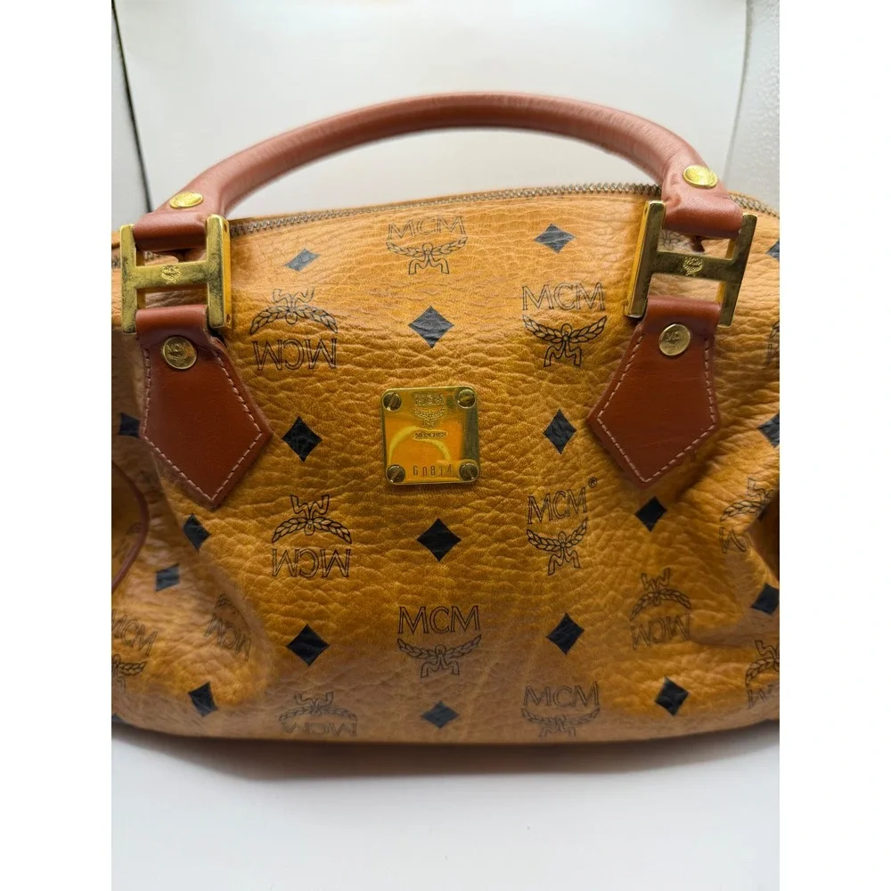 MCM Visetos Boston Bag Cognac Monogram Coated Canvas Satchel G0814‎ 10in